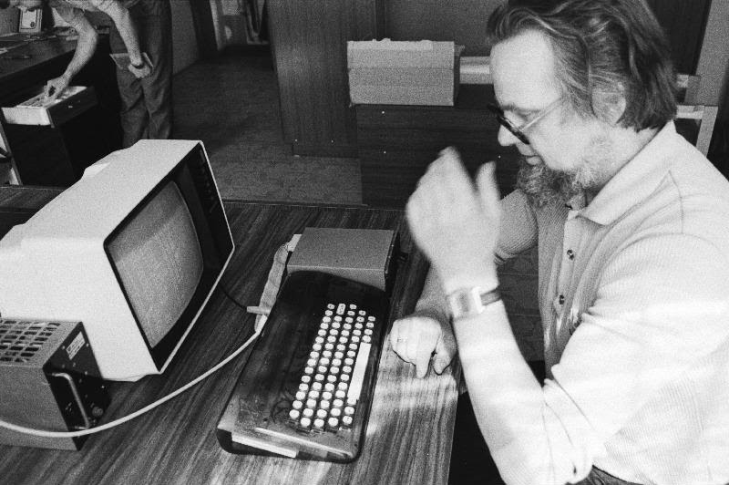 The Tartu computer's developer Leo Humal working with one.